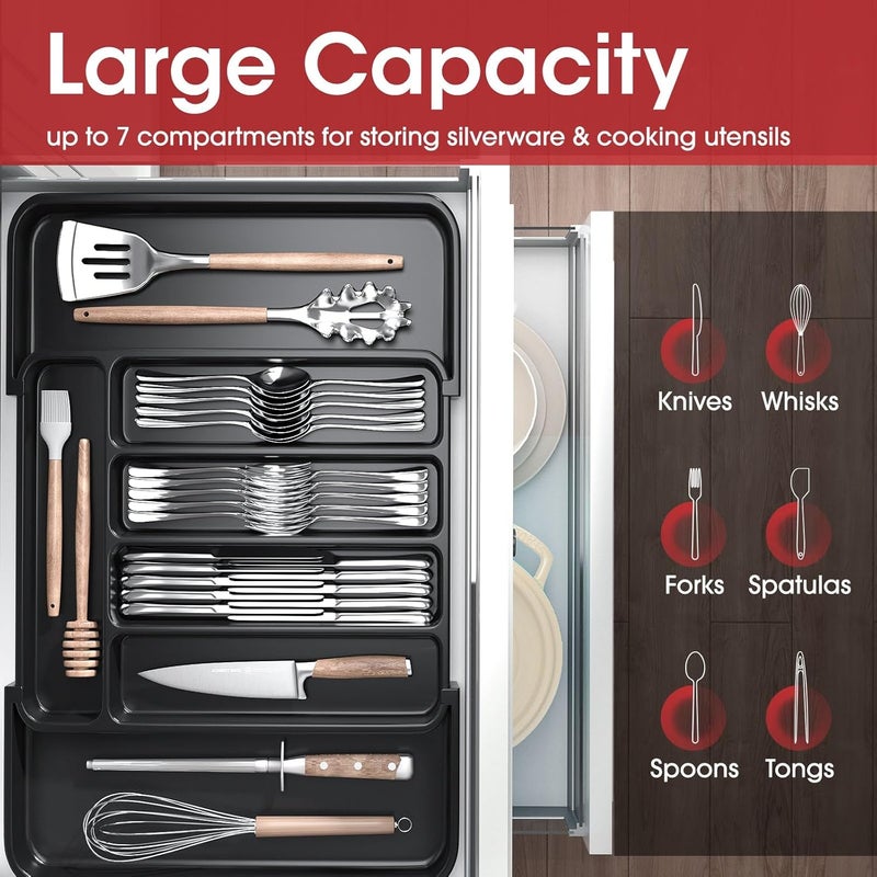 AUJEN Silverware Organizer - Expandable Kitchen Drawer Organizer, Adjustable Utensil Organizer, Cutlery Tray for Forks, Knives, Multipurpose Kitchen Organizers and Storage Solution, Black, Medium - Image 3